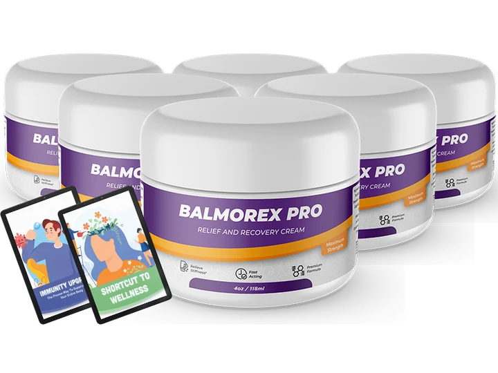 Six jars of Balmorex Pro with digital bonus illustrations
