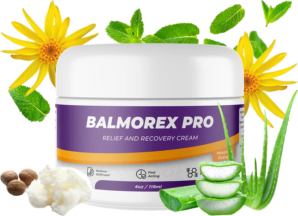 Balmorex Pro jar with botanical ingredient imagery